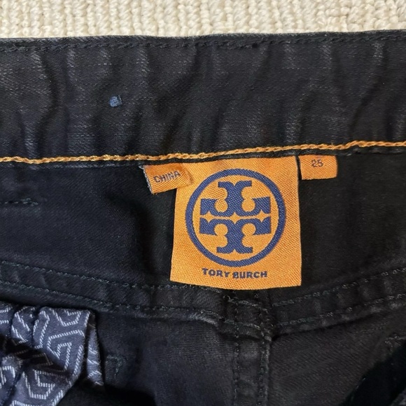 Tory Burch Size 25 Black Denim Legging Jeans Skinny Ankle Low Rise Logo Patch - Picture 9 of 10